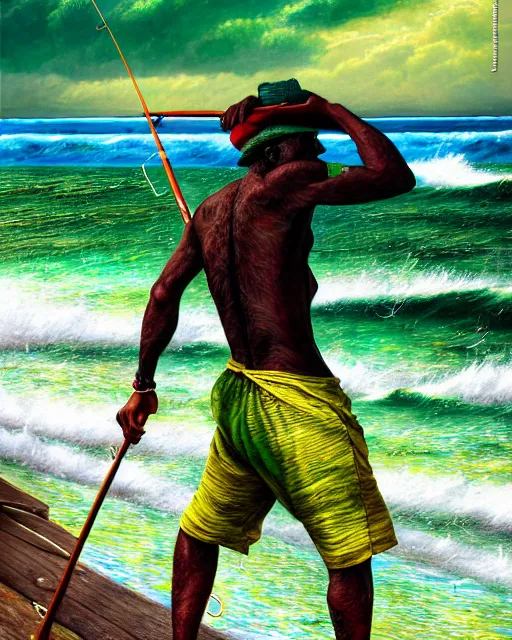 Image similar to Fisherman, Jamaican Male Fisherman, casting fishing rod into the sea, Illustration, Third-Person View, Depth of Field, Colorful with Yellow Green Black Red, calico cloth, insanely detailed and intricate, hypermaximalist, jamaican vibe, hyper realistic, super detailed, by Charlie Bowater, by Karol Bak