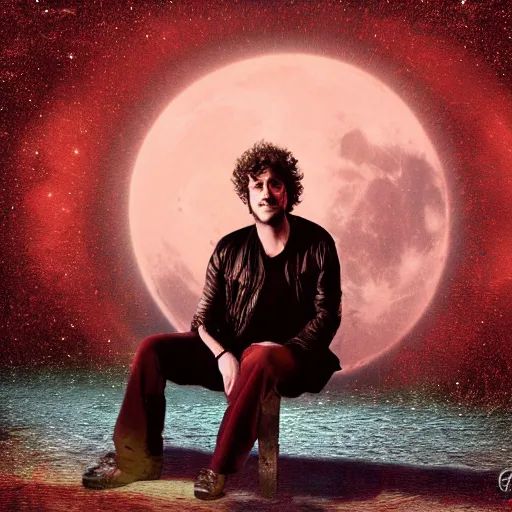 Image similar to gustavo cerati sitting on the red moon, digital art, matte painting, highly detailed,