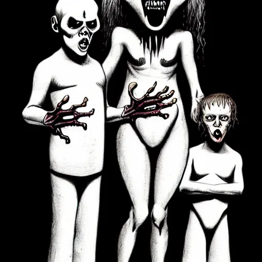 Prompt: psychopath child drawing of a creepy family. by richard corben