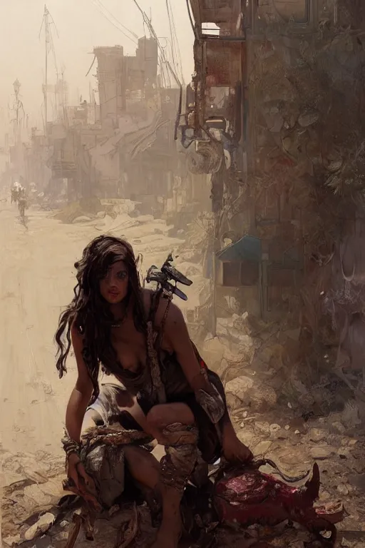 Image similar to a full body portrait of a beautiful post apocalyptic offworld butchers district bedouin blind pulp fiction scarlet wild rogue barbarian leper begging by the roadside, intricate, elegant, highly detailed, digital painting, artstation, concept art, smooth, sharp focus, illustration, art by krenz cushart and artem demura and alphonse mucha