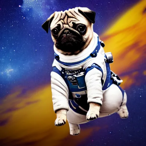 Image similar to A pug in a spacesuit floating through space. Photorealistic.