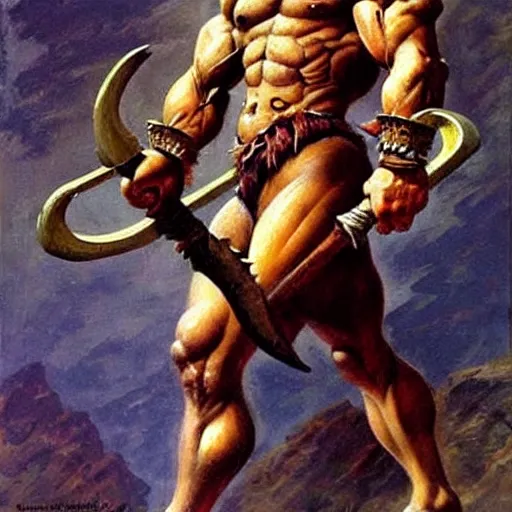 Image similar to muscular lion as barbarian hunter full body ,human legs ,very textured detailed oil painting by Frank Frazetta