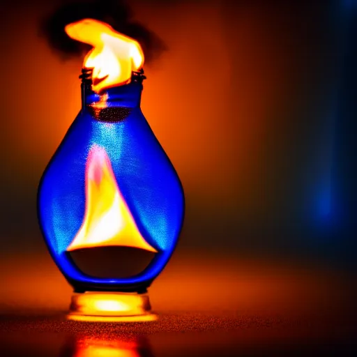 Prompt: blue flame burning inside a bottle, 4 k, photography, highly detailed