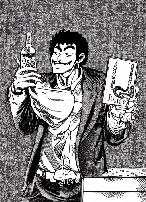 Image similar to portrait of a snake oil salesman offering you a bottle of serum formula, art by Kentaro Miura, it idn't greasy