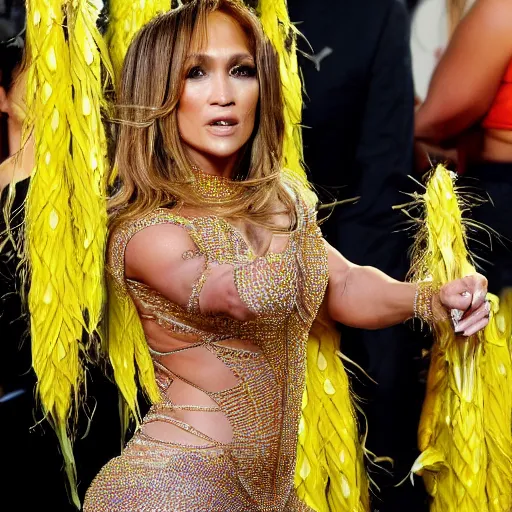 Image similar to full body photo of jennifer lopez, she is wearing a costume of corn on a cob