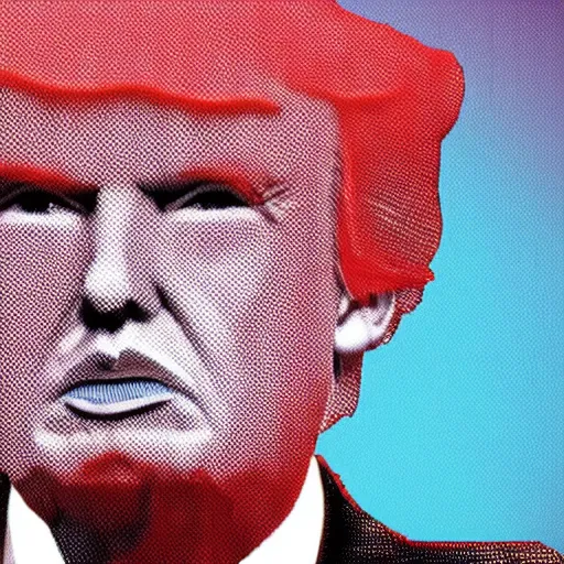 Image similar to trump in a suit and tie with a creepy face, a screenprint by warhol, reddit contest winner, antipodeans, hellish, anaglyph filter, hellish background