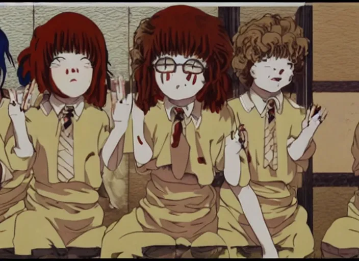 Prompt: screenshot from guro anime, 8 0's horror anime, yellowed grainy vhs footage with noise, four schoolgirls trapped in a bathroom, bathroom stalls and sinks and tiled floor, sad scared girls are in beige sailor school uniforms, one girl has white hair, detailed expressive faces, various hair colors and styles, in the style of ghibli,