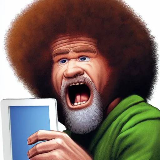 Image similar to angry bob ross screaming at his tablet