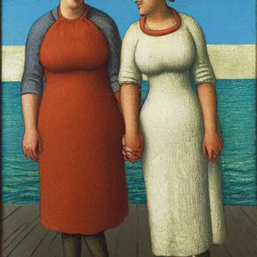 Prompt: two women!!! holding hands! on a pier! next to the ocean!! looking at the camera! by grant wood!-H 768