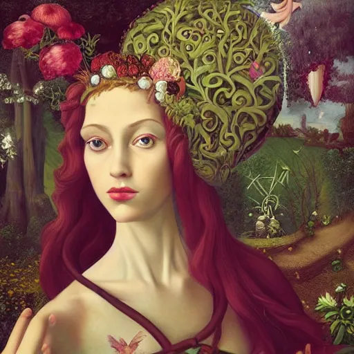 Image similar to a detailed portrait of young woman in renaissance dress and a surreal renaissance headdress, very surreal garden, cyberpunk, surreal tea party, strange creatures, by christian schloe and botticelli, naotto hattori, amy sol, roger dean, moody colors