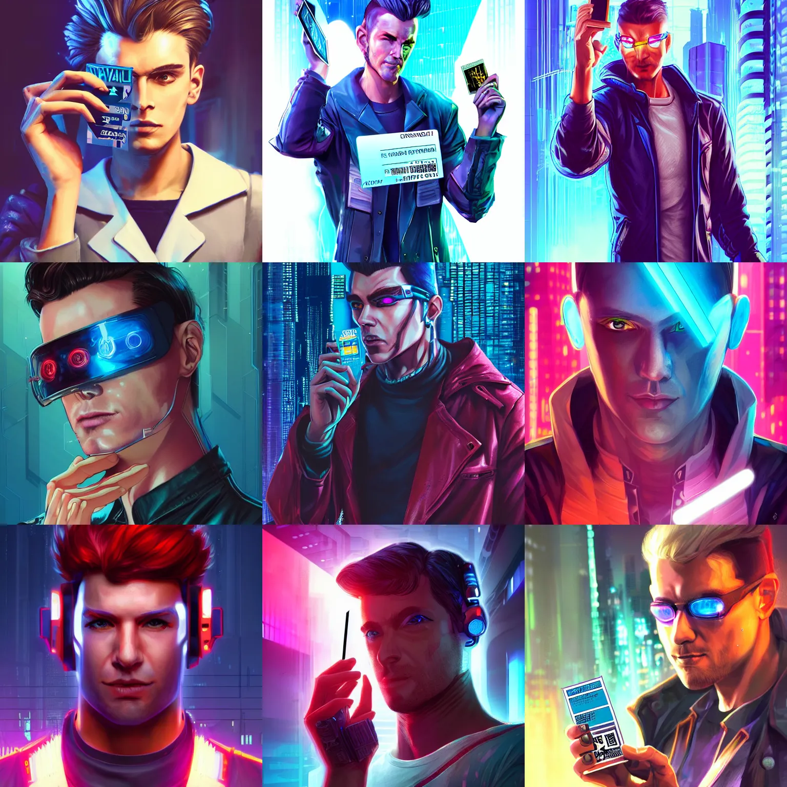 Prompt: a cyberpunk man holding a ID card in his hand, normal hair, a character portrait, synthwave by art artgerm, cg society contest winner, shock art, sci-fi, artstation hq, speedpainting