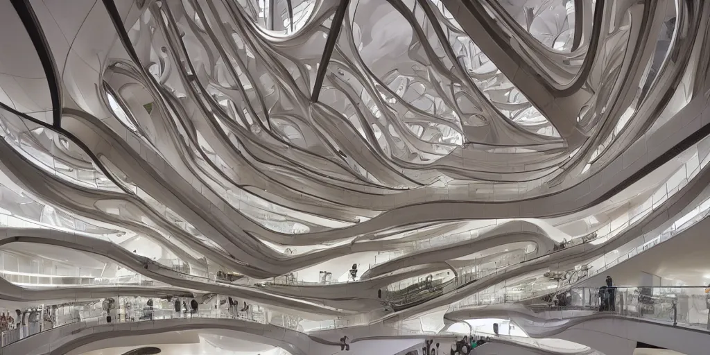 Image similar to extremely detailed ornate stunning beautiful elegant futuristic museum lobby interior by Zaha Hadid