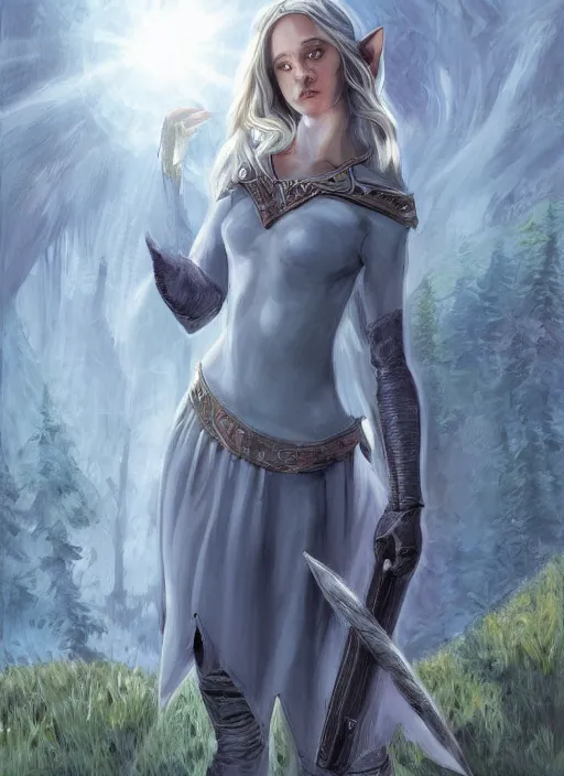 Image similar to A fantasy comic book roleplaying game style portrait painting of Maika Monroe as a grey elf in a mountain meadow sanctuary, DAZ, hyperrealistic, ambient light, dynamic light