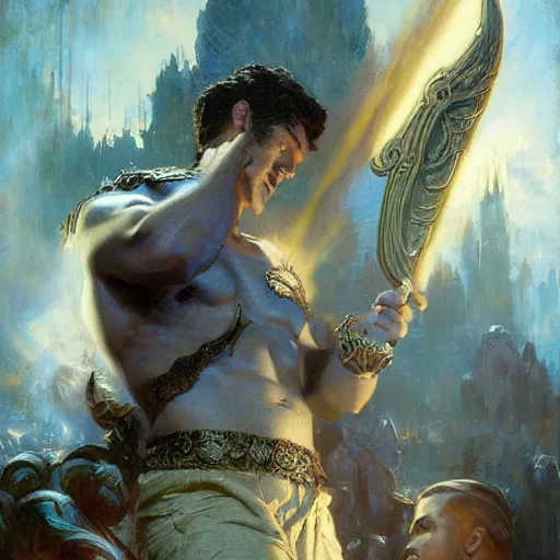 Image similar to attractive male deity casts dark spell, summoning handsome lucifer morningstar. highly detailed painting by gaston bussiere, craig mullins, j. c. leyendecker 8 k