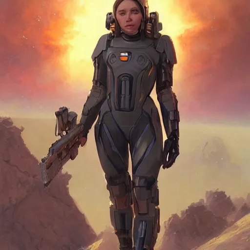 Prompt: Elizabeth Olsen as a space sci-fi soldier, closeup character art by Donato Giancola, Craig Mullins, digital art, trending on artstation