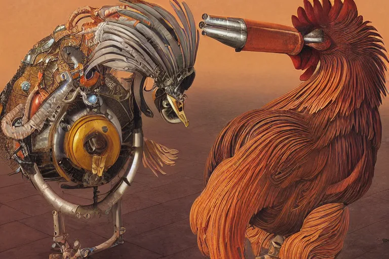 Image similar to digital painting of a gigantic mechanical rooster with beak and talons, by wayne barlowe and bob pepper, dieselpunk, highly detailed, intricate, sharp focus, portrait, talons, anatomy, studio ghibli color scheme, tarot card