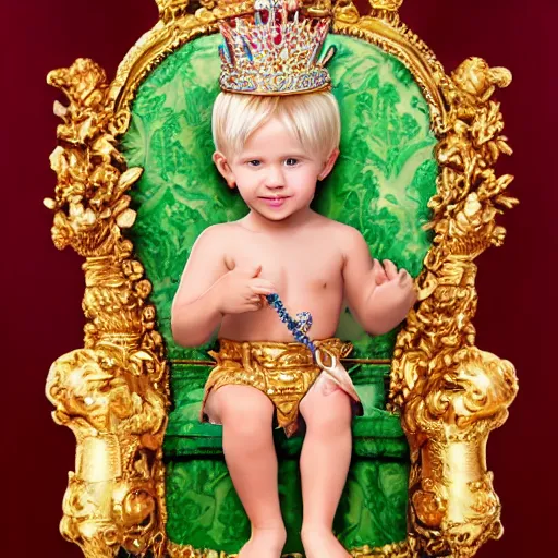 Prompt: cute blond boy wearing a crown and sitting on an ornate throne holding a jeweled scepter.