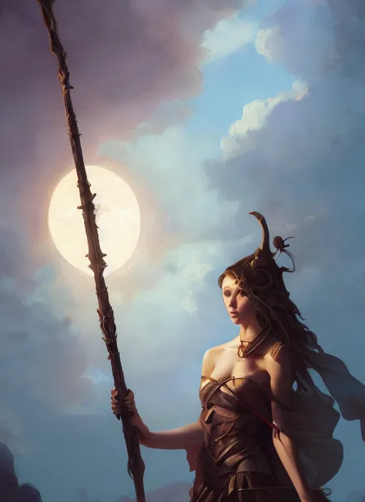 Image similar to hyper realistic photo of beautiful conjurer girl holding a magic staff under the moonlight, full body, rule of thirds, conceptart, saturated colors, cinematic, greg rutkowski, brom, james gurney, mignola, craig mullins, artstation, cgsociety