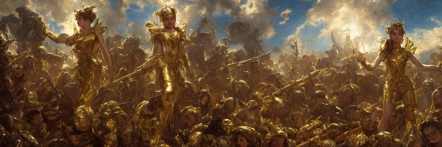 Image similar to a single young girl wearing a gold armor standing in a battlefirld, surrounded by dead bodies, extremely realistic and highly detailed painting by gaston bussiere and j. c. leyendecker 8 k, sharp focus, octane render, dramatic volumetric lighting and extremely realistic faces