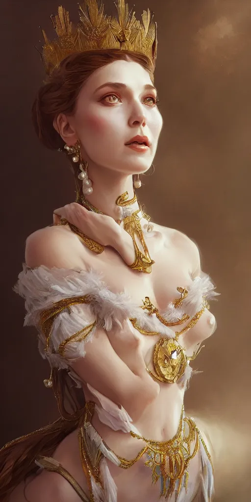 Image similar to a realistic liquid queen with a decorated dress made of white pearls , highly detailed, digital painting, Trending on artstation , HD quality, by artgerm and greg rutkowski and alphonse mucha, dramatic light, octane