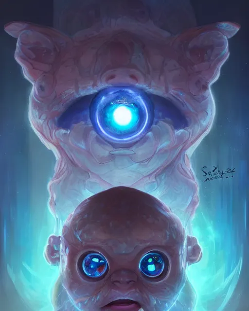 Image similar to three quarters portrait of a cute bioluminiscent baby creature with big glowing eyes, highly detailed, digital painting, cinematic, hyper realism, dark retrowave, art by Stanley Lau and Artgerm and magali villeneuve and Alphonse Mucha, artstation, octane render, cgsociety