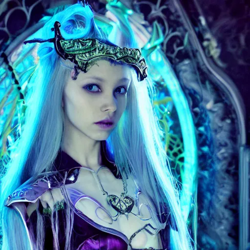 Prompt: A still of an ethereal, mysterious stunning maximalist mesmerizing elven girl with elf ears from the rainbow sky paradise in Tron: Legacy (2010), high-tech, professional high fashion model photo shoot for Victorian gothic lolita fashion, hyperdetailed by Mark Ryden and artgerm and Hiroyuki-Mitsume Takahashi, close-up 35mm macro shot, hyperrealism, 8k resolution 3D, cinematic, dynamic lighting, octane render, unreal engine 5