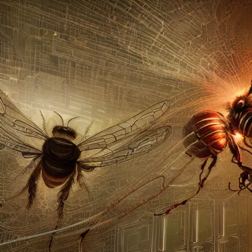 Image similar to A crisp 3d render of a robot Bee made of circuits wide view shot by ellen jewett , tomasz alen kopera and Justin Gerard symmetrical features, ominous, magical realism, texture, intricate, ornate, royally decorated, body format,windows, many doors, roofs, complete house , whirling smoke, embers, red adornements, red torn fabric, radiant colors, fantasy, trending on artstation, volumetric lighting, micro details, 3d sculpture, ray tracing, 8k