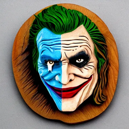 Image similar to The Joker carved in wood