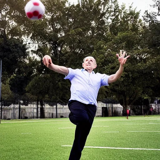 Image similar to Benjamin Netanyahu juggling a football in a public park, dynamic lighting, ambient lighting, morning time, HQ, official media