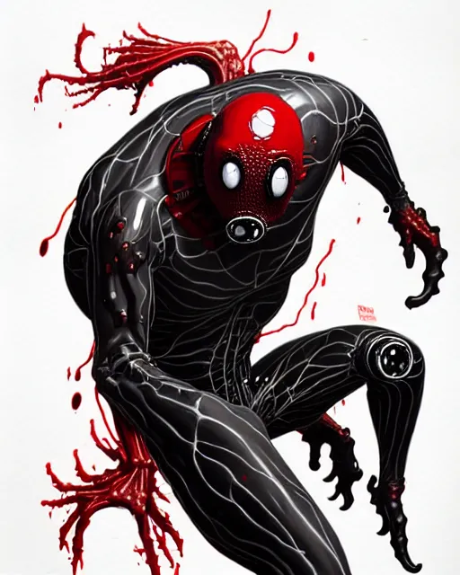 Prompt: highly detailed drawing of mr bean venom cyborg symbiote, by atey ghailan, by greg rutkowski, by greg tocchini, by james gilleard, by joe fenton, by kaethe butcher, red, black, crimson and grey color scheme