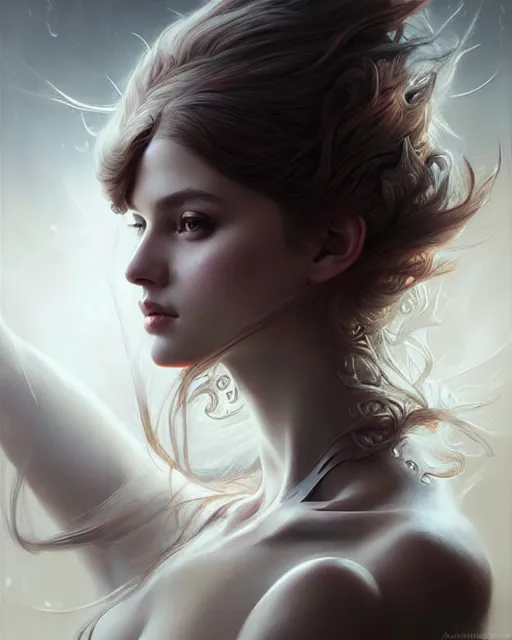 Prompt: ethereal, playful paulina andreeva ( better than us ) portrait, fantasy, intricate devilish designs, elegant, highly detailed, sharp focus, art by artgerm and greg rutkowski and wlop