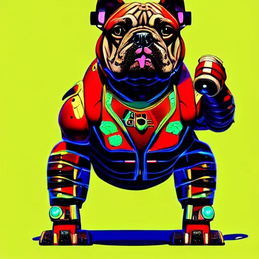 Image similar to « a comic styled cyborg bulldog sitting down, cyberpunk digital art by greg rutkowsky, illustration, colourful, sharp focus, highly detailed, future tech, sketchfab »