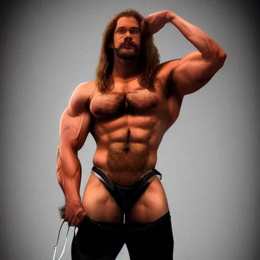 Image similar to lgbt art, tom of finland style, long hair, big muscles, strong, attractive, art in 4 k, high quality