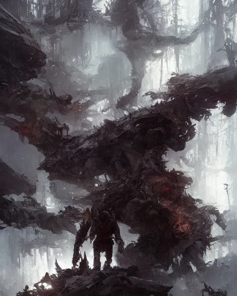 Image similar to a lone wolf stares at us in a nightmare landscape, autumn, white fur, sad, emotive, dramatic lighting, high detail, cinematic, beautiful painting by wadim kashin, ruan jia, android jones, greg rutkowski, artgerm