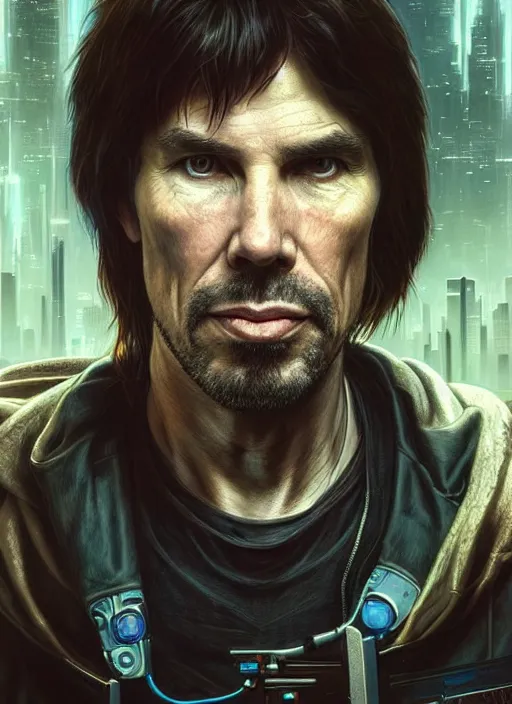 Image similar to portrait of professor Brian Cox as a homeless character in Cyberpunk 2077, looking at camera, intricate, dystopian, sci-fi, extremely detailed, digital painting, artstation, concept art, smooth, sharp focus, illustration, intimidating lighting, incredible art by artgerm and greg rutkowski and alphonse mucha and simon stalenhag