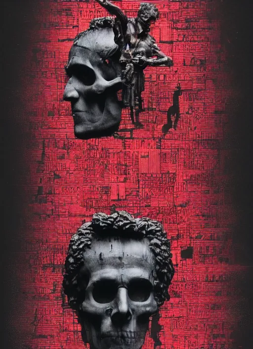 Image similar to dark design poster showing a statue of julius caesar with a skull, black background with very subtle red and purple design elements, powerful, nekro, vito acconci, thin straight lines, dark, glitch art, neo vaporwave, gritty, layout frame, square, trending on artstation