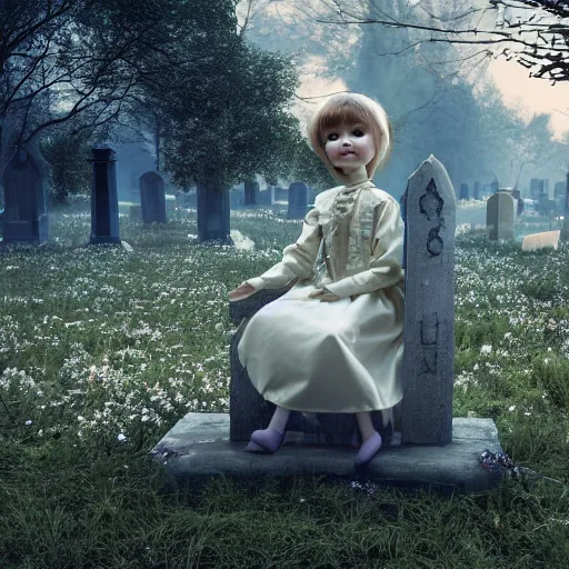 Image similar to an ethereal child's doll wearing victorian clothing and a sinister expression, sitting on a headstone in a cemetery, plague, fireflies, octane render, hypperreal, moody, cinematic composition, cinematic lighting, eerie, gothic, 8 k, hyper details, unreal engine, octane render