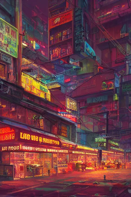 Prompt: a low angle shot of a food store at the base of a towering city, cyberpunk, neon lights, night, matte painting by Marc Simonetti, 8k