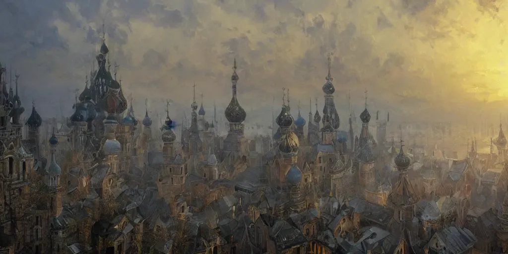 Image similar to beautiful magical ancient Slavic city of Kitezh in mist, magic lights, magic mist, strange buildings, oil painting, painting by Viktor Vasnetsov, concept art, fantasy cityscape, ancient Russian architecture, painting by Ivan Shishkin, hyperborea, high resolution, trending on artstation, hyperrealism