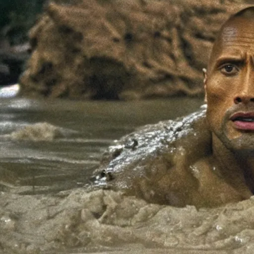 Image similar to film still, close up, dwayne johnson rising out of muddy vietnam river, face covered in mud, low camera angle at water level, night time, film still from apocalypse now ( 1 9 7 9 ), 2 6 mm