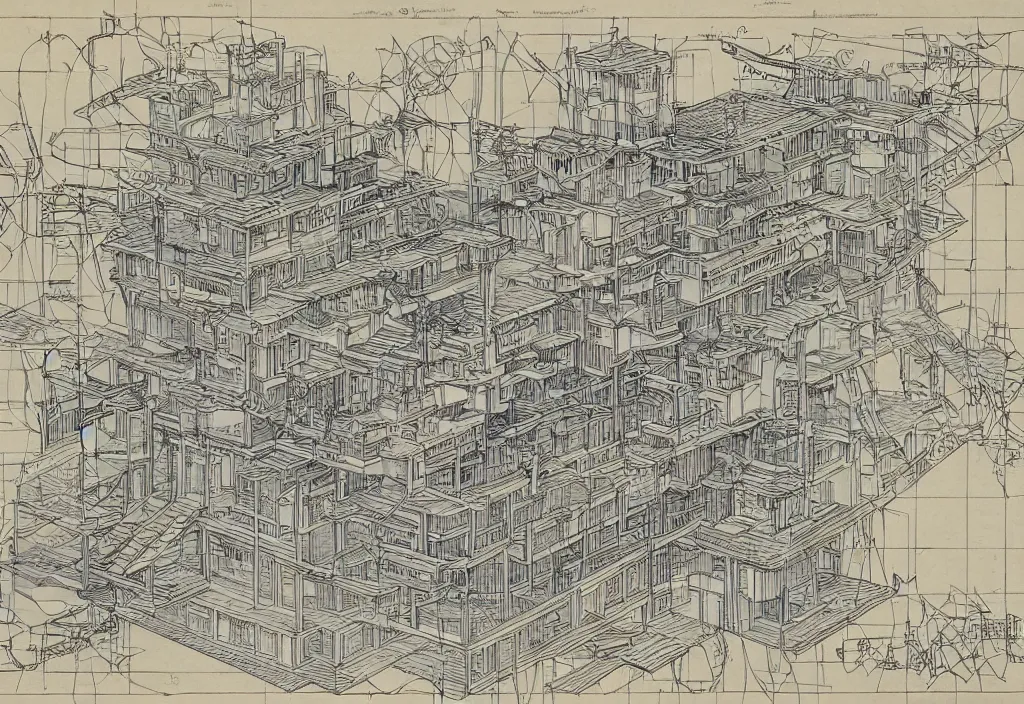 Prompt: An artwork made from layers of technical drawings and colored architectural plans and blueprints, very detailed and intricate with callout texts, leaders, arrows, with dimensions and titleblocks and section bubbles by Kim Jung Gi and Hasui Kawase and Tomine