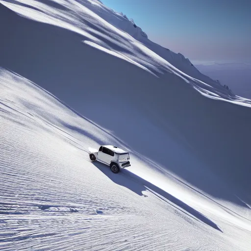 Image similar to white jeep wrangler driving up steep snowy mountain on edge of a cornice, high quality digital art, dramatic lighting, cinematic