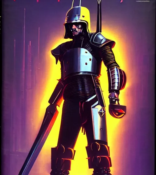 Prompt: a cyberpunk paladin in heavy armor wearing a crusaders helmet he is holding a large long sword in a cyberpunk setting, 1 9 7 9 omni magazine cover, style by vincent di fate, artgerm, cyberpunk 2 0 7 7, very coherent, detailed, 4 k resolution, unreal engine, daz