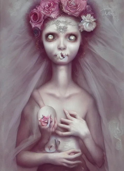 Image similar to pop surrealism, lowbrow art, realistic cute bride pale ghost girl painting, hyper realism, muted colours, rococo, natalie shau, loreta lux, tom bagshaw, mark ryden, trevor brown style,