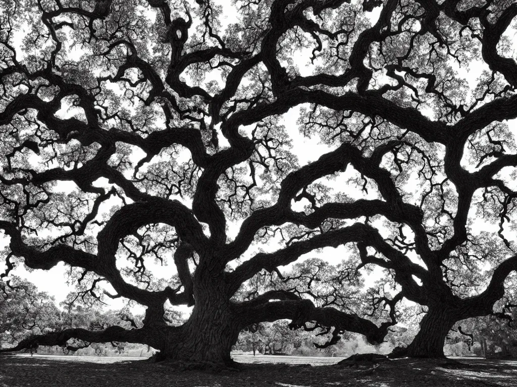 Prompt: the very beautyful highly detailed gravure of the large oak tree