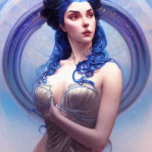 Image similar to goddess, blue hair, intricate, elegant, ethereal, highly detailed, retro, digital painting, artstation, concept art, smooth, sharp focus, full body shot, illustration, art by artgerm and greg rutkowski and alphonse mucha