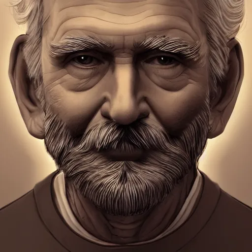 Image similar to man looking in the mirror, old, white beard, dementia, wrinkles, lost in the style of alex ross, 2 d, 4 k, unreal, intricate, digital painting, highly detailed, artstation, sharp focus, illustration, realistic shaded perfect face