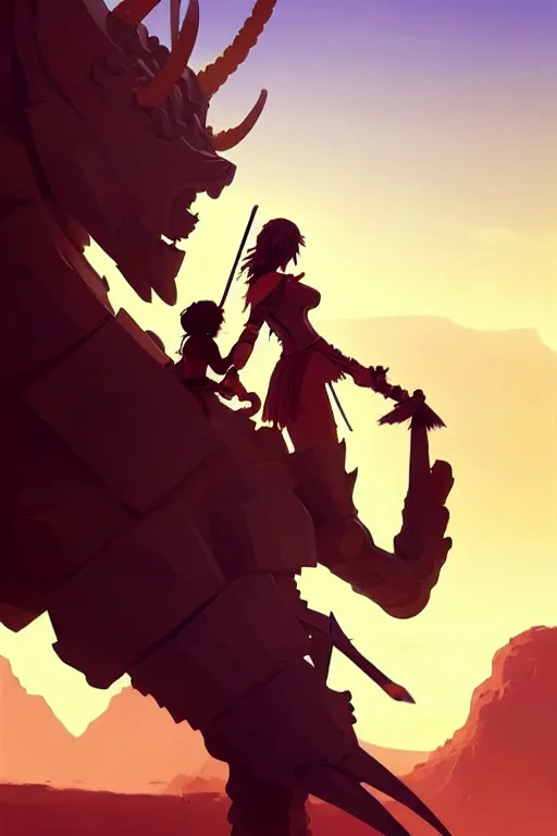 Prompt: close up picture of a big giants colossus knight, and a extremely beautiful and cute and aesthetic girl riding on that shoulder, crossing the desert, dynamic pose, highly detailed face, intricate, smooth, sharp focus, trending on artstation, art by ilya kuvshinov and anato finnstark and rembrandt and quentin mabille, fantasy illustration, epic light novel cover art