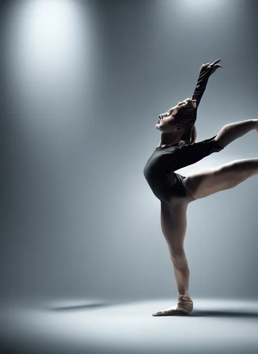 Image similar to a Photorealistic dramatic hyperrealistic render of a beautiful Female dancer by Ken Brower and Deborah Ory of NYC Dance project,Lois Greenfield,Beautiful dynamic dramatic dark moody lighting,shadows,cinematic atmosphere,Octane render,8K