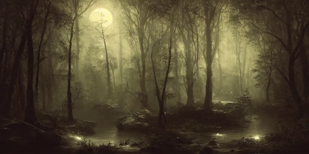 Image similar to [ a dark scene of a dense forest at night with a stream through it, moonlight through trees ], andreas achenbach, artgerm, mikko lagerstedt, zack snyder, tokujin yoshioka